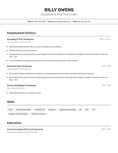 Assembly & Test Technician Resume