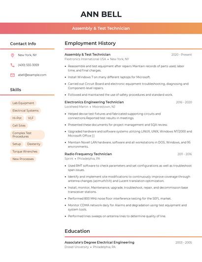 Assembly & Test Technician Resume