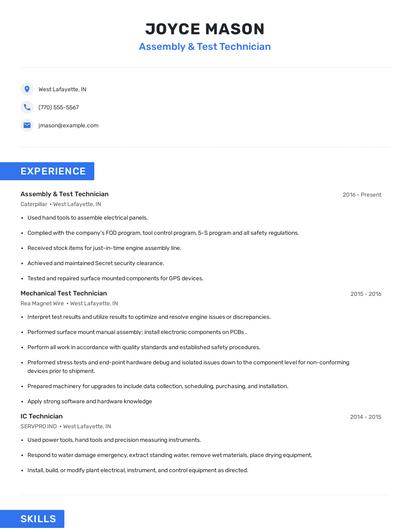 Assembly & Test Technician Resume