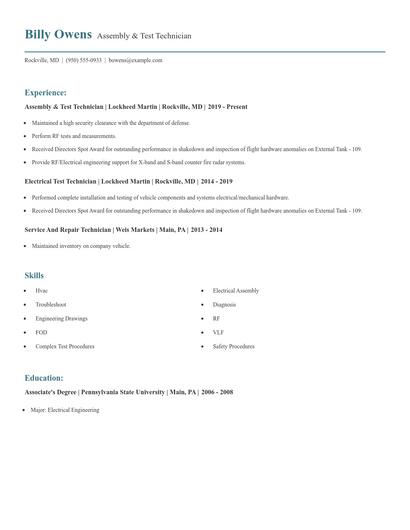 Assembly & Test Technician Resume