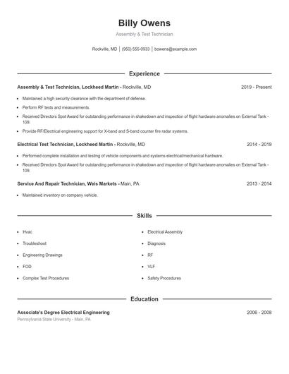 Assembly & Test Technician Resume