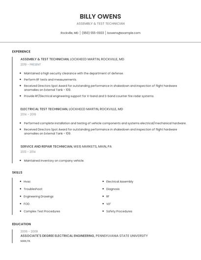Assembly & Test Technician Resume