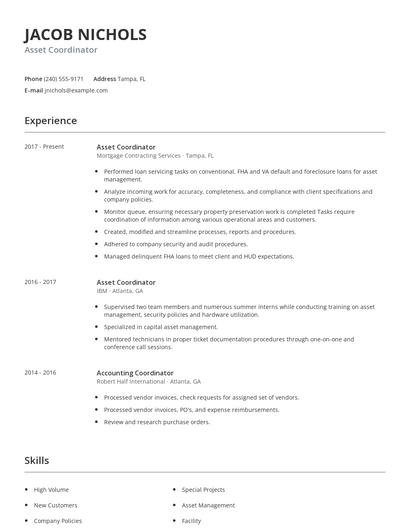 Asset Coordinator Resume