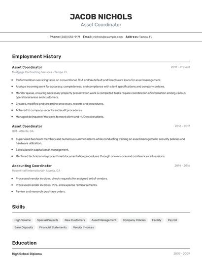 Asset Coordinator Resume