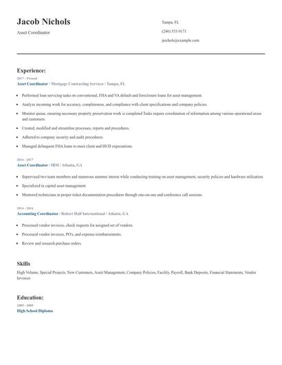 Asset Coordinator Resume