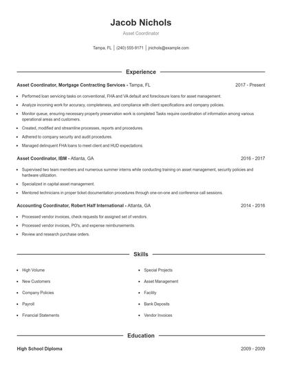 Asset Coordinator Resume