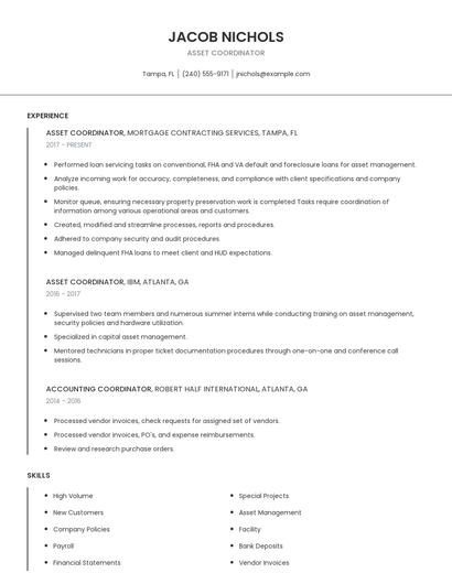 Asset Coordinator Resume