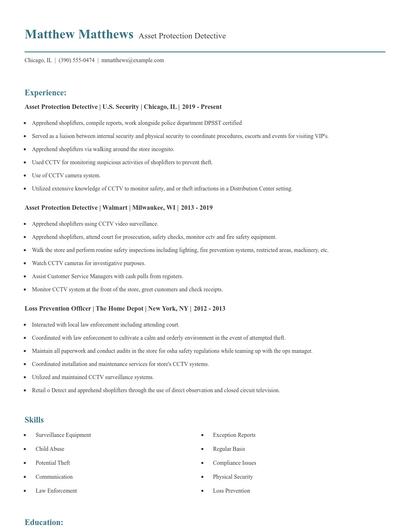 Asset Protection Detective Resume