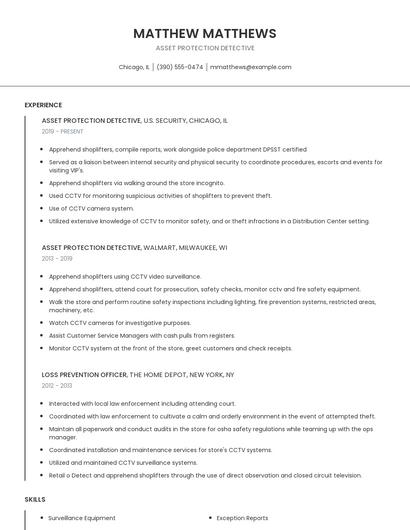 Asset Protection Detective Resume
