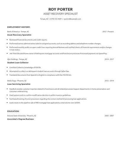 Asset Recovery Specialist Resume