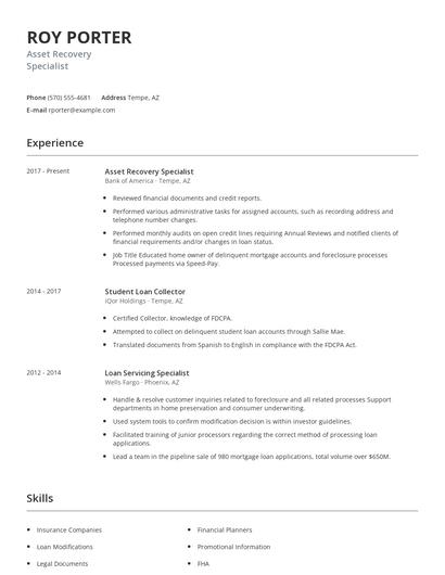 Asset Recovery Specialist Resume