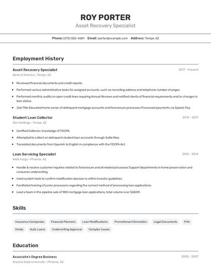 Asset Recovery Specialist Resume