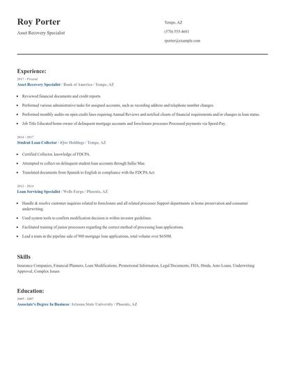 Asset Recovery Specialist Resume