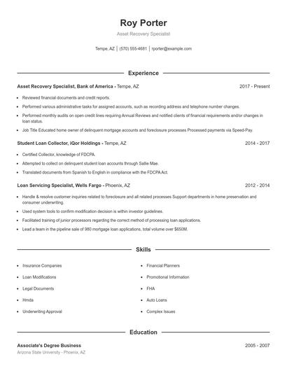 Asset Recovery Specialist Resume