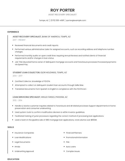 Asset Recovery Specialist Resume