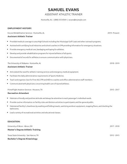 Assistant Athletic Trainer Resume