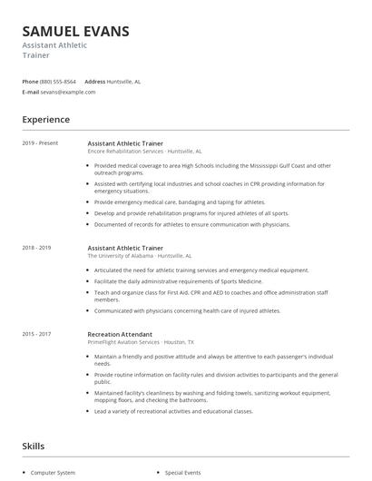 Assistant Athletic Trainer Resume