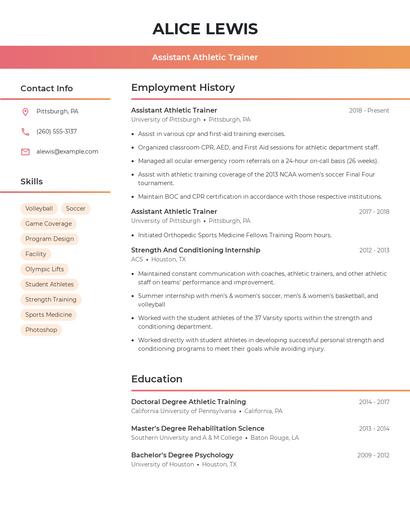 Assistant Athletic Trainer Resume