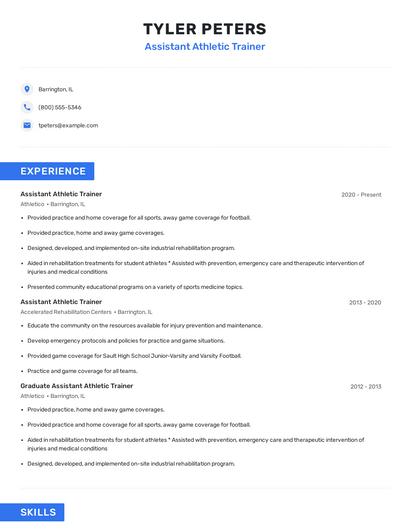 Assistant Athletic Trainer Resume