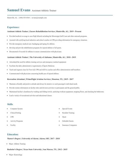 Assistant Athletic Trainer Resume