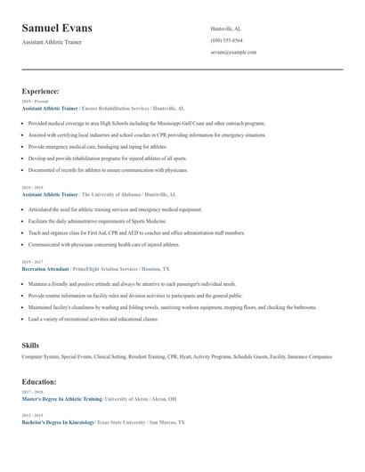Assistant Athletic Trainer Resume
