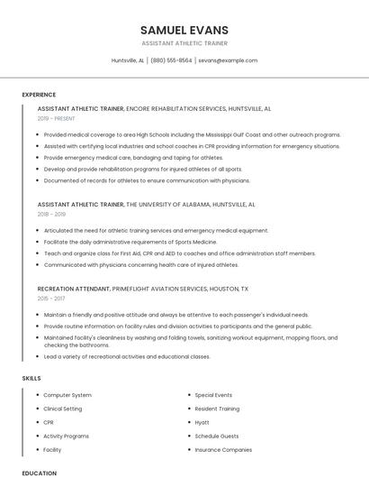 Assistant Athletic Trainer Resume