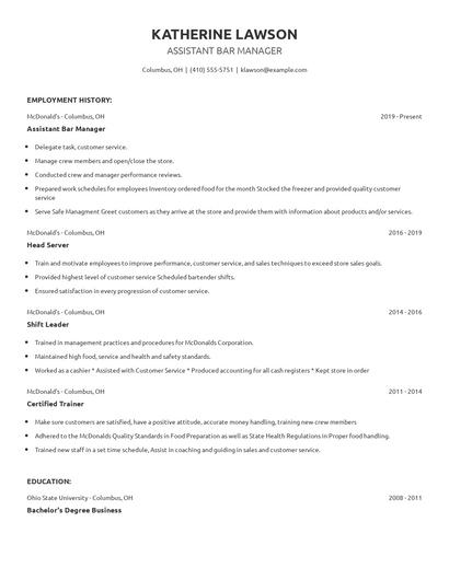 Assistant Bar Manager Resume