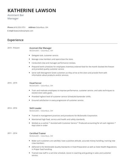 Assistant Bar Manager Resume