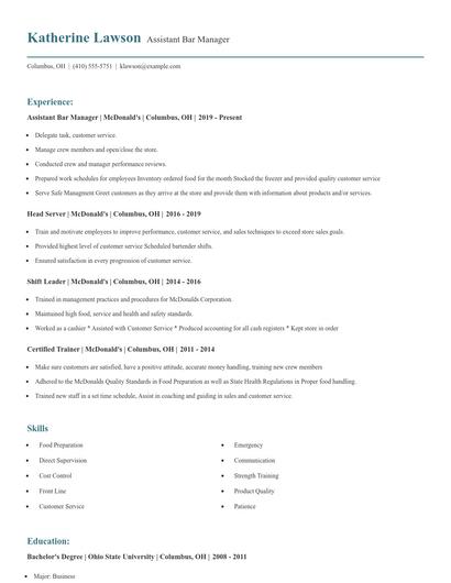 Assistant Bar Manager Resume