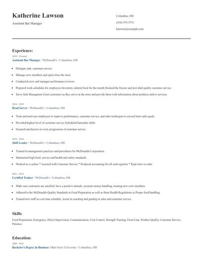 Assistant Bar Manager Resume