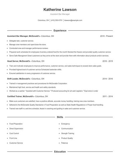 Assistant Bar Manager Resume