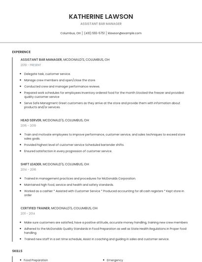 Assistant Bar Manager Resume