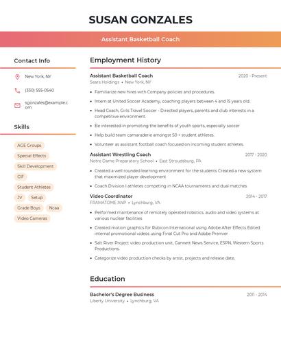 Assistant Basketball Coach Resume