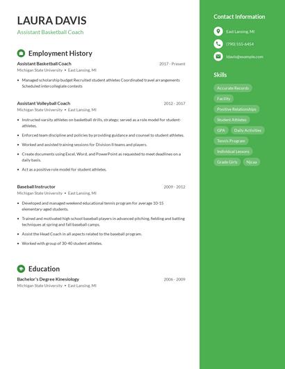 Assistant Basketball Coach Resume