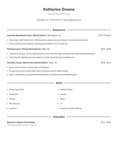 Assistant Basketball Coach Resume