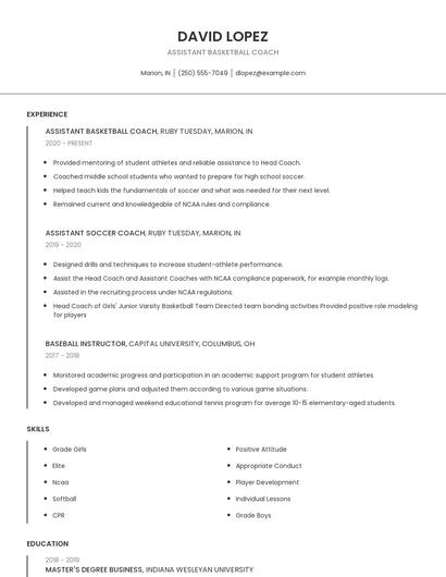 Assistant Basketball Coach Resume