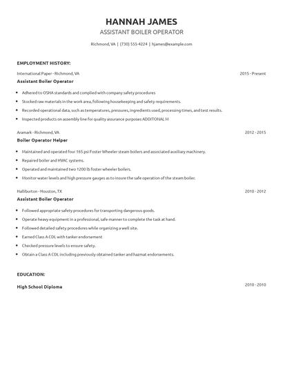 Assistant Boiler Operator Resume