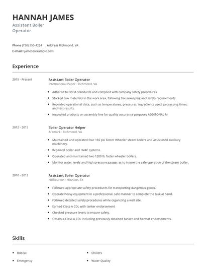 Assistant Boiler Operator Resume