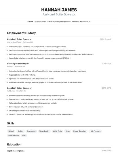Assistant Boiler Operator Resume