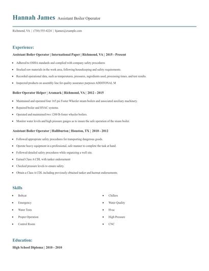 Assistant Boiler Operator Resume