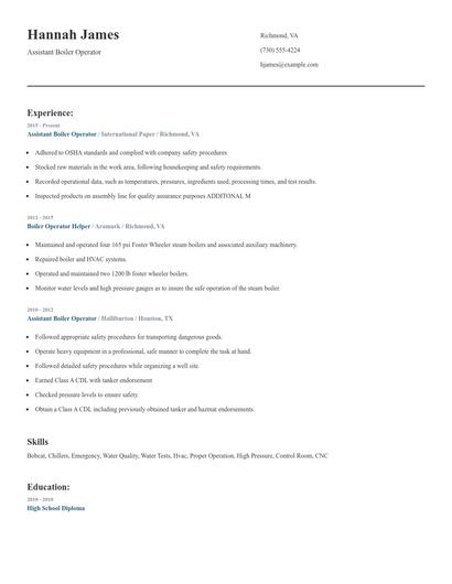 Assistant Boiler Operator Resume