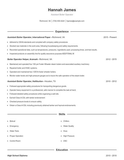 Assistant Boiler Operator Resume