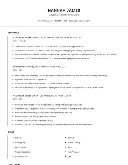 Assistant Boiler Operator Resume