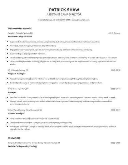 Assistant Camp Director Resume
