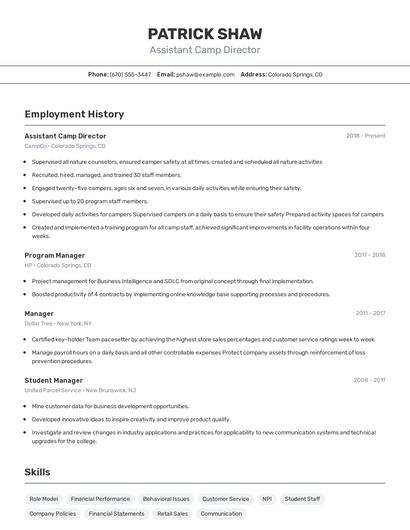 Assistant Camp Director Resume