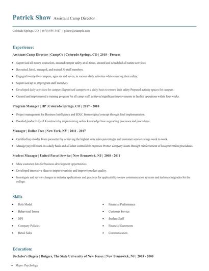 Assistant Camp Director Resume