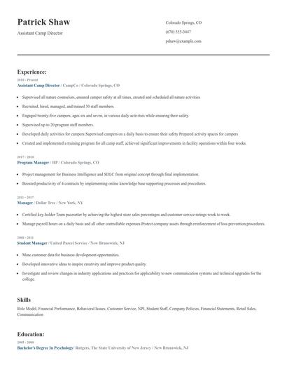 Assistant Camp Director Resume