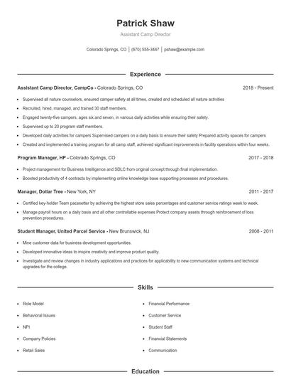 Assistant Camp Director Resume