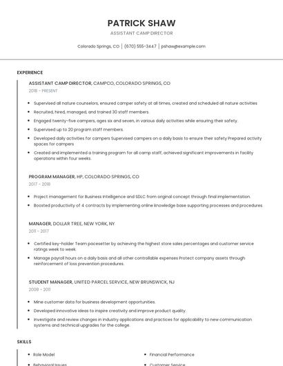 Assistant Camp Director Resume