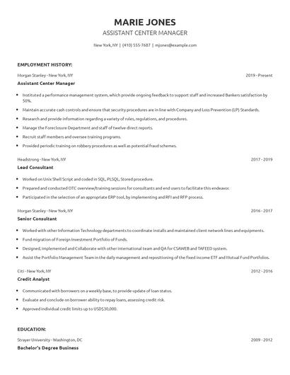 Assistant Center Manager Resume